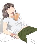  1girl bangs breasts brown_eyes brown_hair bubble_tea bubble_tea_challenge cup disposable_cup drinking_straw eyebrows_behind_hair green_pants hair_between_eyes long_hair lying mattaku_mousuke navel object_on_breast on_back original pants parted_lips pillow shirt short_sleeves simple_background small_breasts solo sweat table trembling v-shaped_eyebrows white_background white_shirt 