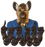  absurd_res african_wild_dog anthro asl black_nose canid canine canis claws clothed clothing darius_davis digital_media_(artwork) draga03 eyes_closed frohawk fur gold_(metal) gold_chain hair hi_res jewelry male mammal multicolored_fur sign_language 