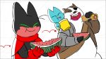  16:9 2019 adorabat anthro badger badgerclops belly black_fur blue_body chiropteran cybertoothcubs domestic_cat eye_patch eyes_closed eyewear felid feline felis food fruit fur group hi_res humanoid_hands male mammal mao_mao mao_mao_heroes_of_pure_heart melon mustelid musteline overweight overweight_male plant simple_background watermelon white_background white_fur 