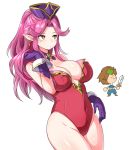  1boy 1girl angela_(seiken_densetsu_3) bangs blush breasts brown_eyes cleavage collarbone commentary_request duran_(seiken_densetsu_3) earrings gem gloves hat jewelry large_breasts navel parted_bangs ponytail purple_gloves purple_headwear seiken_densetsu seiken_densetsu_3 simple_background solo_focus wavy_hair white_background zaxwu 