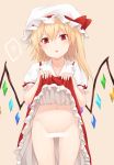  1girl ? ass_visible_through_thighs bangs beige_background blonde_hair blush bow censored collarbone commentary_request cowboy_shot crystal eyebrows_visible_through_hair flandre_scarlet frilled_shirt_collar frills groin hair_between_eyes hat hat_bow highres lifted_by_self long_hair looking_at_viewer miyo_(ranthath) mob_cap navel no_panties one_side_up panties parted_lips petticoat puffy_short_sleeves puffy_sleeves red_bow red_eyes red_skirt red_vest shirt short_sleeves simple_background skirt skirt_lift solo spoken_question_mark standing stomach thighs touhou underwear vest white_headwear white_shirt wings 