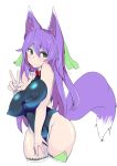  2016 absurd_res animal_humanoid blush breasts butt canid canid_humanoid canine canine_humanoid clothed clothing collar erect_nipples female fluffy fluffy_tail fox_humanoid fur gesture green_eyes hair hi_res humanoid long_hair looking_at_viewer mammal mammal_humanoid nipple_outline nipples purple_fur purple_hair simple_background smile solo tight_clothing translucent v_sign yukusasu 