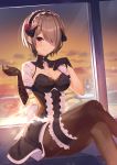  1girl bad_anatomy black_gloves black_legwear blush breasts cleavage cloud collar commentary_request crossed_legs eyebrows_visible_through_hair fake_horns flower frills gloves hair_flower hair_ornament hair_over_one_eye highres honkai_(series) honkai_impact_3rd indoors kina large_breasts looking_at_viewer maid maid_headdress mismatched_gloves mole mole_under_eye puffy_short_sleeves puffy_sleeves purple_eyes red_flower red_rose reflection ribbon rita_rossweisse rita_rossweisse_(umbral_rose) rose short_hair short_sleeves sitting smile solo sunset thigh_strap white_ribbon window 
