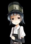  1girl arare_(kantai_collection) arm_warmers bangs black_background black_hair blunt_bangs brown_eyes clenched_teeth collared_shirt death_note death_note_(object) dress_shirt green_headwear grey_skirt hat kantai_collection kurona looking_at_viewer notebook object_hug shirt short_hair short_sleeves simple_background skirt solo suspender_skirt suspenders teeth upper_body white_shirt 