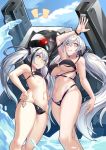  2girls 463_jun absurdres armpits bikini black_bikini black_hair blue_sky breasts cloud destroyer_(girls_frontline) dinergate_(girls_frontline) gaia_(girls_frontline) girls_frontline grin hair_between_eyes hand_on_hip highres long_hair looking_at_viewer multiple_girls navel sangvis_ferri silver_hair sky small_breasts smile swimsuit twintails very_long_hair yellow_eyes 