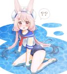  1girl ? ahoge animal_ear_fluff animal_ears barefoot blush bunny_ears bunny_tail commentary_request hair_ornament hairclip hat highres kneeling long_hair looking_at_viewer low_twintails one-piece_swimsuit open_mouth partially_submerged pink_eyes pink_hair school_swimsuit school_uniform serafuku shirt solo spoken_question_mark swimsuit tail tanikake_yoku thighs tomari_mari tomari_mari_channel twintails very_long_hair virtual_youtuber water wet wet_clothes wet_shirt white_headwear white_shirt 