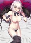  1girl ahoge areolae bangs bare_shoulders bed_sheet black_legwear blush bow bowtie bra breasts chain collarbone commentary_request eyebrows_visible_through_hair fate/grand_order fate_(series) frills fur_trim hand_up jeanne_d&#039;arc_(alter)_(fate) jeanne_d&#039;arc_(fate)_(all) large_breasts looking_at_viewer lying maid_headdress navel nipples on_back pale_skin panties prime shadow shiny shiny_clothes shiny_hair shiny_skin short_hair side-tie_panties solo stomach thighhighs thighs underwear underwear_only white_hair yellow_eyes 