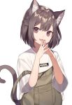  1girl :d animal_ears brown_hair cat_ears cat_tail fang fingers_together off_shoulder open_mouth original pink_nails shirt short_hair short_sleeves shugao simple_background smile suspenders tail white_shirt 