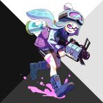  .52_gal_(splatoon) 1girl absurdres aqua_hair bike_shorts black_shorts blue_footwear blue_shirt bobblehat boots collared_shirt commentary domino_mask fang full_body goggles goggles_on_headwear green_headwear highres holding holding_weapon ink_tank_(splatoon) inkling jacket leaning_forward long_sleeves looking_at_viewer mask meco open_mouth paint_splatter purple_eyes purple_jacket purple_tongue running shirt shorts single_vertical_stripe sleeveless_jacket smile solo splatoon_(series) splatoon_1 standing tentacle_hair weapon 