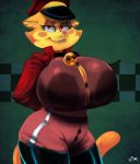  2019 accessory anthro bell_collar big_breasts breasts checkered_flag cleavage clothed clothing collar domestic_cat felid feline felis female garter garter_belt garter_straps hat headgear headwear hi_res huge_breasts jacket lilly_(vimhomeless) looking_at_viewer mammal solo topwear translucent vimhomeless yellow_eyes 