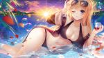  aqua_eyes bikini blonde_hair blush breasts cleavage clouds drink ecu8080 long_hair navel original petals sky sunglasses sunset swimsuit water wink 