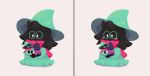  &lt;3 black_fur blush blush_stickers bovid caprine clothing cute_fangs dark_fur deltarune eyewear floppy_ears front_view fur glasses goat green_clothing grey_background hat head_tuft headgear headwear hi_res horn kris_(deltarune) long_ears mammal multiple_images no_sclera noseless ralsei robe scarf scottcok simple_background sitting sock_puppet solo video_games white_eyes witch_hat 