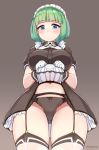  1girl ass_visible_through_thighs bangs black_panties blue_eyes blunt_bangs blush breasts brown_background dress dress_lift eyebrows_visible_through_hair garter_belt garter_straps gloves green_hair groin highres last_origin looking_at_viewer maid_headdress manme navel panties short_hair simple_background solo thighhighs underwear white_gloves white_legwear 