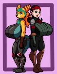  2019 angela_cross animal_humanoid anthro big_breasts breasts brown_fur brown_hair clothed clothing digital_media_(artwork) duo female fur green_eyes hair hi_res humanoid lombax mammal ratchet_and_clank simple_background smile stripes superbunnygt talwyn_apogee video_games 