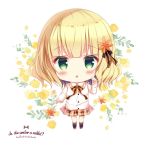  1girl :o azumi_kazuki bangs big_head black_bow black_legwear blonde_hair blush bow brown_footwear cardigan chibi collared_shirt copyright_name eyebrows_visible_through_hair floral_background flower full_body gochuumon_wa_usagi_desu_ka? green_eyes hair_bow hair_flower hair_ornament hand_up kirima_sharo kneehighs long_hair long_sleeves orange_bow orange_flower orange_skirt parted_lips plaid plaid_skirt pleated_skirt shirt shoes skirt sleeves_past_wrists solo striped striped_bow white_background white_cardigan white_shirt yellow_flower 