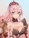  1girl armor bare_shoulders blue_background blue_eyes breasts cleavage closed_mouth collarbone detached_collar expressionless folks_(nabokof) gradient gradient_background large_breasts long_hair looking_at_viewer pink_background pink_hair ponytail shiny shiny_hair shionne_(tales) solo tales_of_(series) tales_of_arise upper_body 
