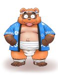  104_toshichan 2019 anthro belly brown_fur canid canine clothed clothing cute_fangs fundoshi fur humanoid_hands japanese_clothing male mammal moobs navel open_shirt overweight overweight_male raccoon_dog shirt simple_background solo tanuki tongue topwear underwear 