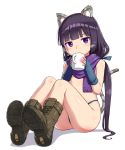  1girl animal_ears ass bangs bare_arms bare_shoulders blue_gloves blue_panties blue_scarf blush boots brown_footwear cat_ears cat_tail character_request coffee_cup commentary_request copyright_request cup disposable_cup eyebrows_visible_through_hair flat_chest gloves hair_ribbon long_hair looking_at_viewer panties ponytail purple_eyes ribbon scarf solo tail underwear zaxwu 