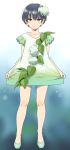  1girl bangs bare_arms black_hair blurry blurry_background closed_mouth collarbone depth_of_field dress eyebrows_behind_hair flower full_body gradient gradient_dress green_dress green_eyes green_footwear hair_between_eyes hair_flower hair_ornament mattaku_mousuke original shoes short_hair smile solo standing white_dress white_flower 