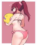  1girl :o ass back ball beachball bikini bow bow_bikini commentary cowboy_shot from_side hair_bow highres holding holding_ball kumaneko_(kumaneko1138) long_hair looking_at_viewer looking_back love_live! love_live!_sunshine!! notice_lines outside_border parted_lips pink_background pink_bikini pink_bow red_hair sakurauchi_riko simple_background solo standing swimsuit thighs yellow_eyes 