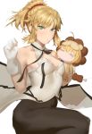  1girl ahoge artoria_pendragon_(all) bare_shoulders black_ribbon blonde_hair blush braid breasts commentary_request cosplay fate/grand_order fate_(series) food gloves green_eyes hair_ornament hair_scrunchie kunaboto long_hair looking_at_viewer medium_breasts mordred_(fate) mordred_(fate)_(all) ponytail red_scrunchie ribbon scrunchie simple_background solo tagme v-shaped_eyebrows white_background white_gloves 