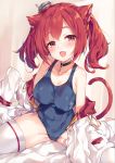  1girl :d animal_ears azur_lane bangs bed_sheet blue_swimsuit blush breasts cat_ears cat_tail cleavage collarbone commentary_request covered_navel eyebrows_visible_through_hair fang hair_between_eyes head_tilt highres i-19_(azur_lane) indoors large_breasts long_hair looking_at_viewer off_shoulder on_bed one-piece_swimsuit open_mouth red_eyes red_hair school_swimsuit sitting sleeves_past_wrists smile solo spread_legs swimsuit tail thighhighs twintails unacchi_(nyusankin) white_legwear 