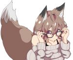  2016 animal_humanoid black_fur breasts brown_fur brown_hair canid canid_humanoid canine canine_humanoid clothed clothing eyewear female fluffy fluffy_tail fox_humanoid fur glasses grey_fur hair humanoid looking_at_viewer mammal mammal_humanoid red_eyes simple_background small_breasts smile solo sweater topwear white_background yukusasu 
