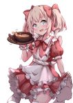  1girl :d apron blush bow bowl collared_dress cowboy_shot dress food frilled_apron frilled_dress frills hair_bow hakuya_(white_night) hand_up highres holding latina_(uchi_no_musume_no_tame_naraba) light_brown_hair maid_apron open_mouth pleated_dress puffy_short_sleeves puffy_sleeves red_bow red_dress short_sleeves simple_background skirt_hold smile solo spoon thighhighs twintails uchi_no_musume_no_tame_naraba_ore_wa_moshikashitara_maou_mo_taoseru_kamo_shirenai. white_apron white_background white_legwear 