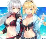  2girls ;d ahoge anger_vein bangs bikini black_bikini black_gloves black_jacket blonde_hair blue_eyes blue_jacket blue_sky blush braid breasts choker cleavage cloud collarbone day eyebrows_visible_through_hair gloves hair_between_eyes hairband holding+another&#039;s_arm hood hooded_jacket jacket jeanne_d&#039;arc_(alter_swimsuit_berserker) jeanne_d&#039;arc_(fate)_(all) jeanne_d&#039;arc_(swimsuit_archer) kagachi_saku large_breasts long_hair looking_at_viewer multiple_girls o-ring o-ring_bikini ocean one_eye_closed open_clothes open_mouth outdoors outside_border shrug_(clothing) signature silver_hair single_braid sky smile swimsuit v very_long_hair yellow_eyes 