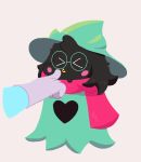  &gt;_&lt; &lt;3 black_fur blush blush_stickers boop bovid caprine clothed clothing cute_fangs dark_fur deltarune duo eyewear floppy_ears front_view fully_clothed fur glasses goat green_clothing grey_background hat head_tuft headgear headwear horn mammal nose_boop ralsei robe scarf scottcok simple_background solo_focus video_games witch_hat 