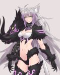  1girl animal_ears atalanta_(alter)_(fate) atalanta_(fate) black_legwear breasts cat_ears closed_mouth commentary_request fate/grand_order fate_(series) green_eyes highres hikichi_sakuya long_hair looking_at_viewer navel silver_hair simple_background solo tail thighhighs very_long_hair 