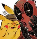  1boy artist_name black_gloves blush_stickers bodysuit brown_headwear closed_eyes dam_(okdam3) dated deadpool deerstalker detective_pikachu detective_pikachu_(series) frown gen_1_pokemon gloves hat highres making_faces marvel open_mouth pikachu pokemon pokemon_(creature) red_bodysuit ryan_reynolds seiyuu_connection signature simple_background white_background 