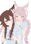  2016 absurd_res animal_humanoid blue_eyes blush braided_hair breasts brown_fur brown_hair canid canid_humanoid canine canine_humanoid clothed clothing cute_fangs duo eyes_closed female fox_humanoid fur hair happy hi_res humanoid long_hair mammal mammal_humanoid one_eye_closed pink_hair simple_background white_background white_fur yukusasu 