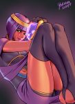  1girl 2017 bangs black_legwear blunt_bangs bob_cut bodysuit breasts circlet crossed_ankles crystal_ball dark_skin dated fingerless_gloves gloves green_eyes highres knees_on_chest legs_together lips lipstick looking_at_viewer makeup medium_breasts menat navel navel_cutout purple_hair short_hair simple_background solo stirrup_legwear street_fighter street_fighter_v thighhighs toeless_legwear vambraces yokimura 