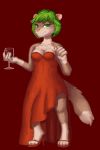  2016 4_toes abject alcohol beverage clothed clothing domestic_ferret dress female footwear freckles green_eyes hi_res high_heels looking_at_viewer mammal mustela mustelid musteline red_background shoes simple_background toes wine wine_glass 