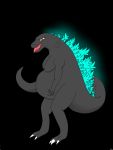  black_background breasts claws digital_media_(artwork) female glowing godzilla godzilla_(series) hi_res holding_belly jack-o&#039;s_box kaiju looking_at_viewer open_mouth pregnant reptile scalie simple_background solo teeth toho tongue yellow_eyes 