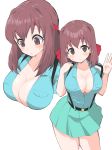  1girl absurdres belt breasts brown_eyes brown_hair cleavage collarbone girls_und_panzer headband highres kondou_taeko large_breasts long_hair looking_at_viewer looking_down red_headband simple_background skirt solo suspenders sweatdrop thighs white_background yabai_gorilla 