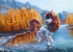  2019 asian_mythology autumn_blaze_(mlp) brown_hair chinese_mythology day detailed_background digital_media_(artwork) east_asian_mythology feral hair hi_res hooves kirin mountain my_little_pony mythology nemo2d open_mouth open_smile outside signature smile solo tree water 