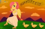 anatid anseriform antho avian bird clothed clothing dress duck equid equine female flute fluttershy_(mlp) footwear friendship_is_magic grass horse kumas_corner looking_back mammal marching mountain music musical_instrument my_little_pony pony sandals sunset white_clothing white_dress wings 