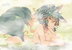  1girl animal_ear_fluff animal_ears breasts brown_hair closed_mouth dated eyebrows_visible_through_hair green_eyes green_hair kuromiya kuromiya_raika large_breasts multicolored_hair nude onsen original partially_submerged ponytail solo steam tail two-tone_hair water 