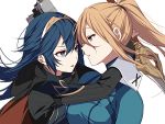  2girls armor blonde_hair blue_bodysuit blue_eyes blue_hair blush bodysuit breasts cape falchion_(fire_emblem) fire_emblem fire_emblem_awakening gloves gun hair_between_eyes hair_ornament handgun high_ponytail hug impossible_bodysuit impossible_clothes long_hair lucina metroid mole mole_under_mouth multiple_girls ponytail ryon_(ryonhei) samus_aran shiny shiny_clothes simple_background skin_tight super_smash_bros. sword tiara weapon zero_suit 