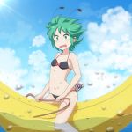  1girl antennae banana_boat bare_arms bare_legs bare_shoulders bikini black_bikini blue_sky bow cato_(monocatienus) cloud commentary_request day eyebrows_visible_through_hair feet_out_of_frame flat_chest green_eyes green_hair light_rays navel open_mouth outdoors red_bow short_hair side-tie_bikini sky solo stomach straddling swimsuit tears thighs touhou water wavy_mouth wriggle_nightbug 