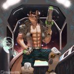  1:1 2019 abs absurd_res anthro biceps bulge canid canine canis clothed clothing dobbernsfw fur gun hair hi_res holding_object holding_weapon male mammal muscular muscular_male nintendo pecs ranged_weapon smile space star star_fox video_games weapon wolf 