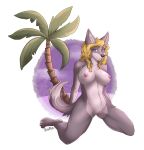  anthro breasts canid canine female hi_res kneeling looking_at_viewer mammal nipples nude palm_tree pussy smile solo tree violavirus 