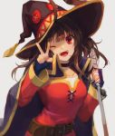  1girl bandages bangs belt black_hair breasts brown_belt cape colalrbone commentary commentary_request dress fingerless_gloves gloves hat highres kono_subarashii_sekai_ni_shukufuku_wo! long_sleeves looking_at_viewer medium_breasts megumin one_eye_closed open_mouth red_eyes short_hair simple_background solo taak_choi upper_teeth v white_background witch_hat work_in_progress 