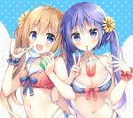  2girls :d bare_arms bare_shoulders bikini blue_bikini blue_eyes blue_hair blue_ribbon blush breasts brown_hair cleavage collarbone cup drinking_straw flower hair_flower hair_ornament halter_top halterneck hands_up highleg highleg_bikini holding holding_cup ice ice_cube index_finger_raised locked_arms long_hair looking_at_viewer medium_breasts multiple_girls navel object_on_breast open_mouth original pink_ribbon red_bikini ribbon sailor_bikini sailor_collar scrunchie side-by-side smile star stomach suimya sunflower swimsuit tropical_drink twintails upper_body v white_sailor_collar wrist_scrunchie yellow_flower 