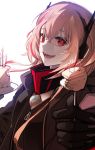  1girl :d bangs black_gloves black_jacket black_shirt blonde_hair burning cake candle cizzi commentary eyebrows_visible_through_hair fire food girls_frontline gloves hair_between_eyes headphones highres holding jacket long_sleeves looking_at_viewer m4_sopmod_ii_(girls_frontline) multicolored_hair open_clothes open_jacket open_mouth red_eyes red_hair shirt sidelocks simple_background smile solo streaked_hair upper_body white_background 