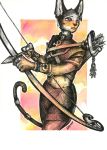  2019 amunet ankh anthro armor arrow blue_eyes bow_(weapon) collar collar_ring domestic_cat ear_piercing ear_ring felid feline felis female mammal painting_(artwork) pen_(artwork) piercing quiver ranged_weapon simple_background solo sphynx_(cat) spiderdragon standing tail_ring traditional_media_(artwork) vambraces watercolor_(artwork) weapon 