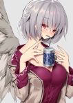  1girl bangs blush breasts can character_name cleavage collarbone commentary_request dress drinking drinking_straw eyebrows_visible_through_hair feathered_wings grey_background grey_jacket grey_wings hair_between_eyes hands_up jacket kishin_sagume large_breasts long_sleeves looking_at_viewer off_shoulder open_clothes open_jacket purple_dress red_eyes sakurame short_hair silver_hair simple_background single_wing solo touhou upper_body wings 