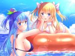  2girls :d bangs bikini blonde_hair blue_eyes blue_hair blue_sky bow breasts cleavage cloud day emori_miku emori_miku_project eyebrows_visible_through_hair floating_hair frilled_bikini_bottom fujimori_shiki hair_bobbles hair_bow hair_ornament halterneck head_rest highres large_breasts lens_flare long_hair looking_at_viewer multiple_girls ocean open_mouth outdoors purple_bikini_top scrunchie side_ponytail sideboob single_wrist_cuff sky small_breasts smile swimsuit twintails very_long_hair white_bikini white_bow white_scrunchie wrist_scrunchie 